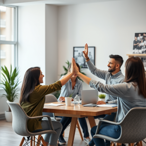 Team Celebrating Success High-five In Casual Modern Office