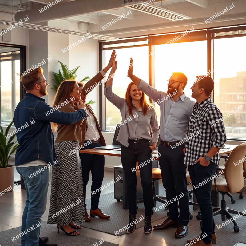 Team Celebrating Success High-five In Casual Modern Office