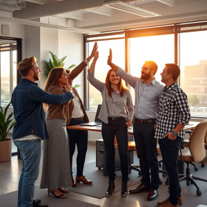 Team Celebrating Success High-five In Casual Modern Office
