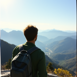 Traveler With Backpack Overlooking Scenic Mountain Vista