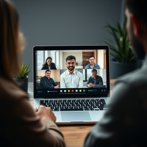 Video Conference Call On Laptop Screen Showing Remote Tea...