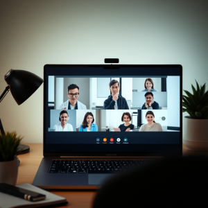 Video Conference Call On Laptop Screen Showing Remote Tea...