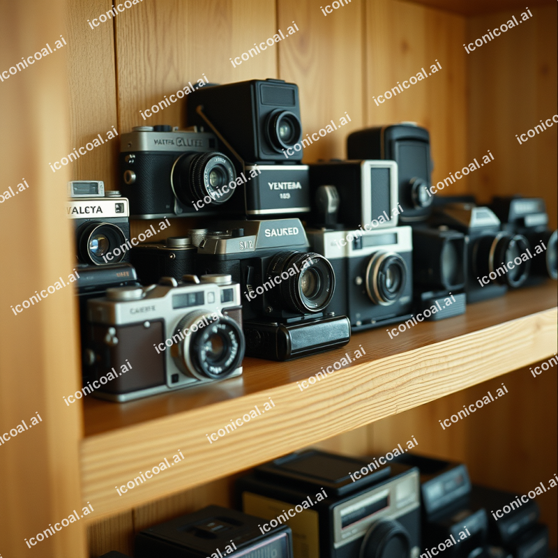 Vintage Camera Collection On Wooden Shelf Retro Photography