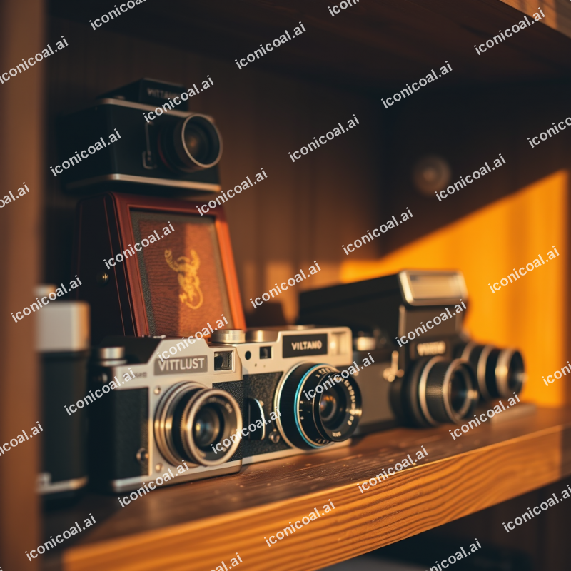 Vintage Camera Collection On Wooden Shelf Retro Photography