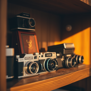 Vintage Camera Collection On Wooden Shelf Retro Photography