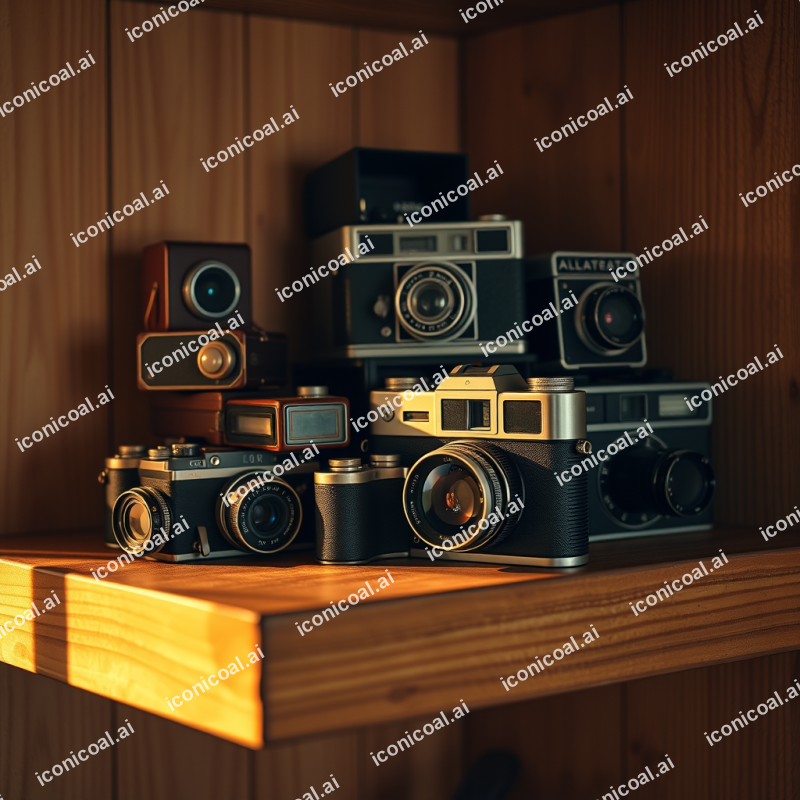Vintage Camera Collection On Wooden Shelf Retro Photography