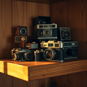 Vintage Camera Collection On Wooden Shelf Retro Photography