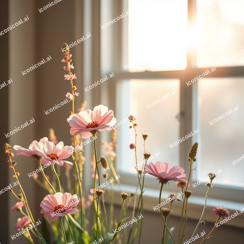 Watercolor Illustration Of Wildflowers In Soft Pastel Pal...