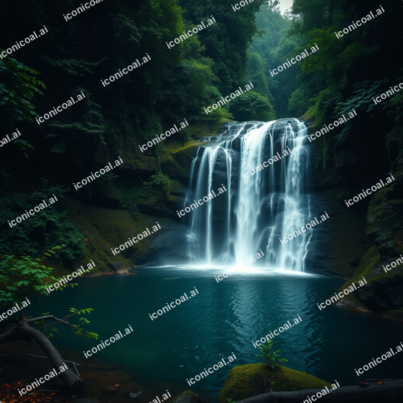 Waterfall Cascading Into Pool In Lush Green Forest