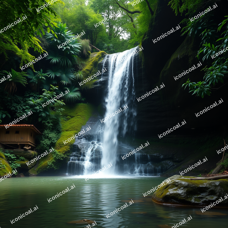 Waterfall Cascading Into Pool In Lush Green Forest