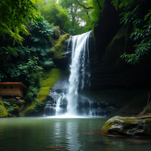 Waterfall Cascading Into Pool In Lush Green Forest