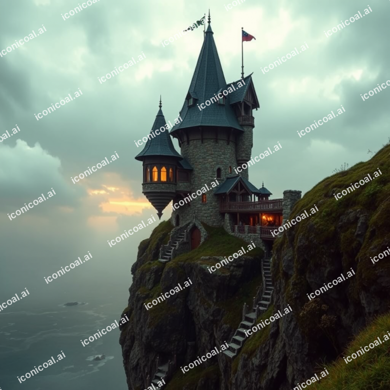 Wizard Tower On Cliff Edge Stormy Sky Magical