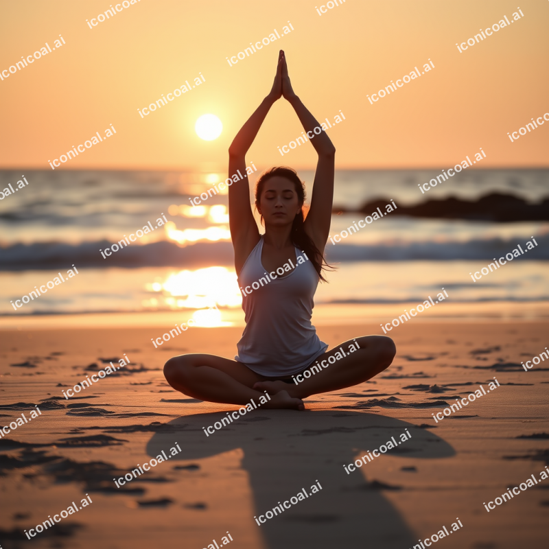 Woman Practicing Yoga At Sunrise Beach Peaceful Meditation