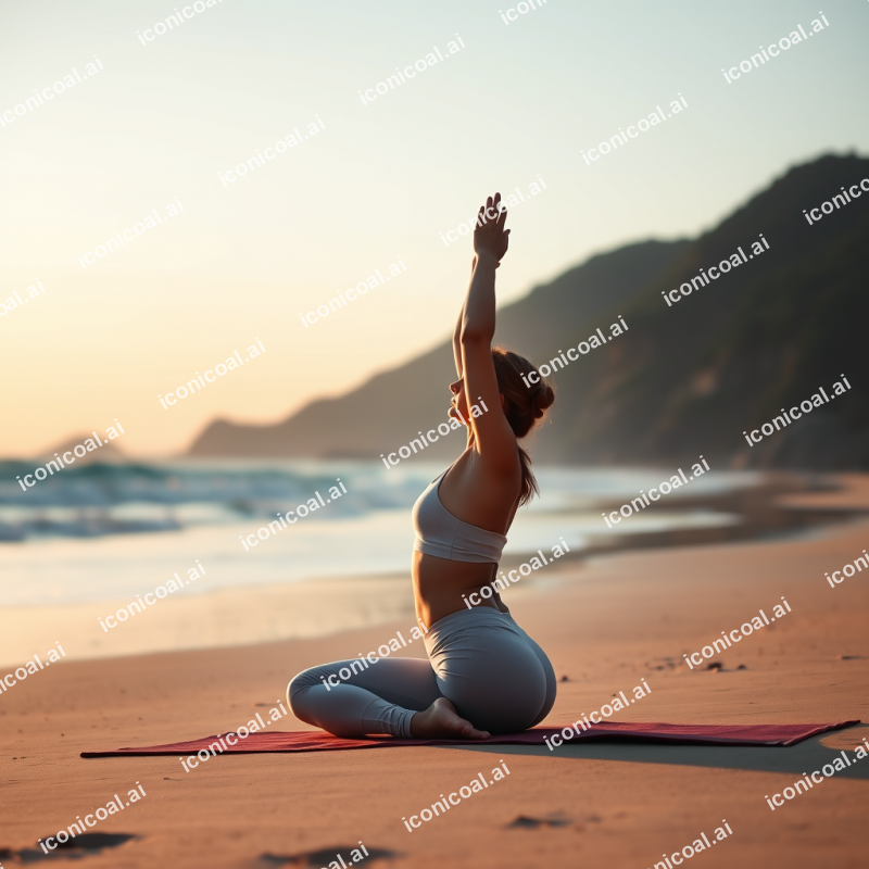 Woman Practicing Yoga At Sunrise Beach Peaceful Meditation