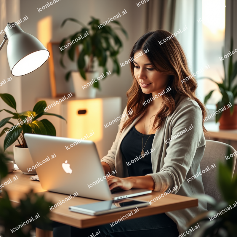 Woman Working From Home With Laptop At Cozy Desk Setup Pl...