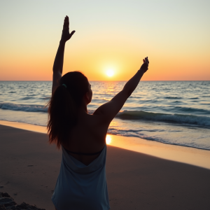Woman Practicing Yoga At Sunrise Beach Peaceful Meditation
