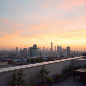 Rooftop Garden Terrace Overlooking City Skyline At Dusk