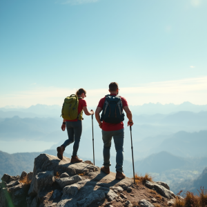 Hiking Couple Reaching Mountain Summit Achievement