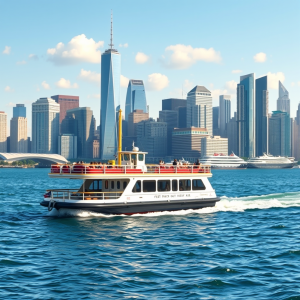 Ferry Boat Crossing Harbor City Skyline Background