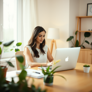 Woman Working From Home With Laptop At Cozy Desk Setup Pl...