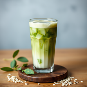Iced Matcha Latte In Glass With Oat Milk Refreshing