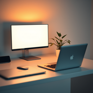 Clean Desk Setup With Modern Laptop And Plant Minimal