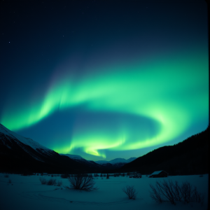 Northern Lights Aurora Dancing Over Snowy Landscape