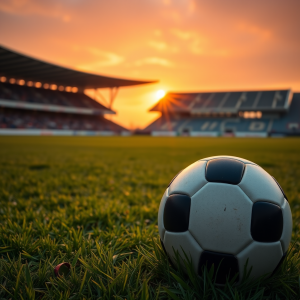 Soccer Ball On Grass Field With Stadium Sunset