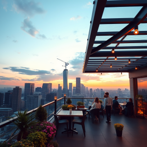Rooftop Garden Terrace Overlooking City Skyline At Dusk