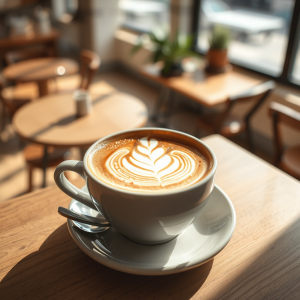 Coffee Latte Art In Ceramic Cup Cozy Cafe Atmosphere