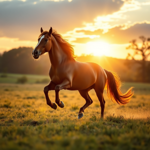 Horse Running Free In Open Meadow At Golden Hour