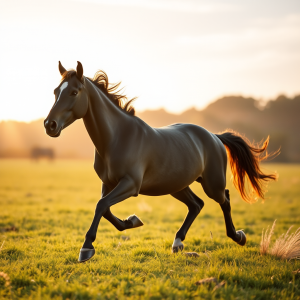 Horse Running Free In Open Meadow At Golden Hour