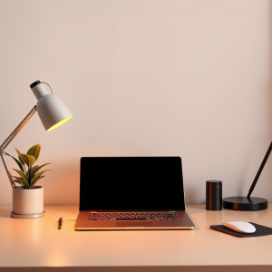 Clean Desk Setup With Modern Laptop And Plant Minimal
