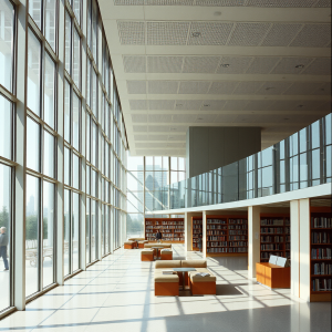 Modern Library Interior With Floor-to-ceiling Windows And...
