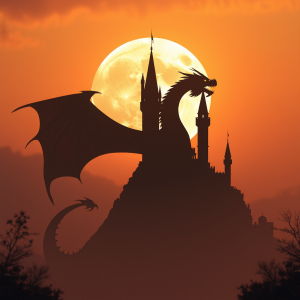 Dragon Silhouette Against Full Moon Castle Fantasy Scene