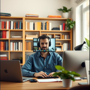 Remote Worker On Video Call From Home Office With Bookshe...