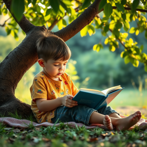 Child Reading Book Under Tree Outdoor Learning Summer