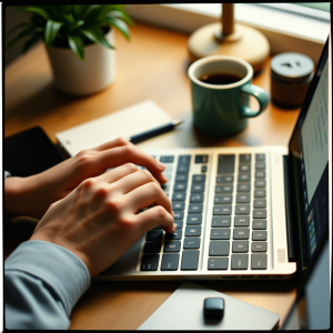 Hands Typing On Laptop Keyboard With Coffee Cup Nearby Wo...