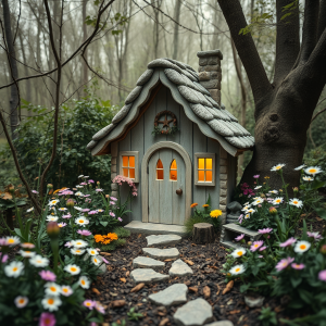 Fairy Cottage In Mystical Woodland With Flowers Whimsical