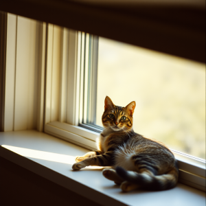 Tabby Cat Lounging In Sunny Window