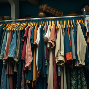 Vintage Thrift Store Clothing Rack With Unique Finds