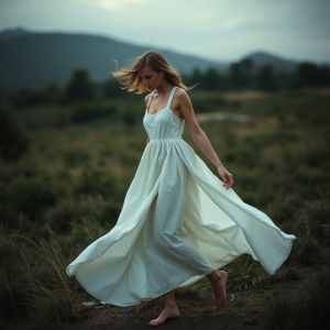 Linen Summer Dress Flowing In Breeze Outdoor Fashion