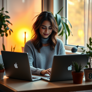 Woman Working From Home With Laptop At Cozy Desk Setup Pl...